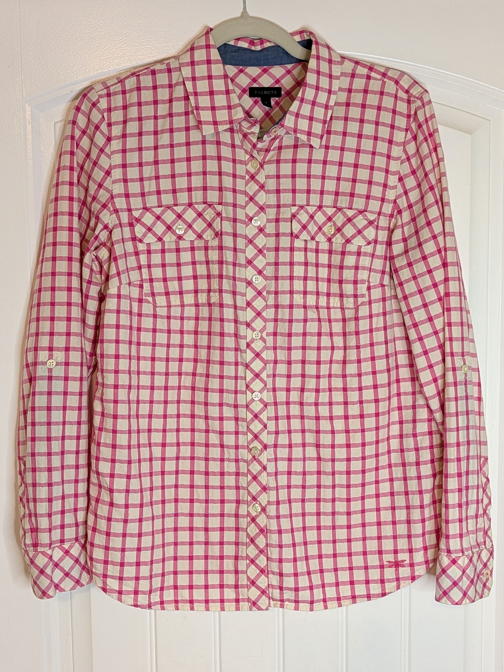 Talbots Pink Plaid Metallic Silver Accents Long Sleeve Button Down Shirt
